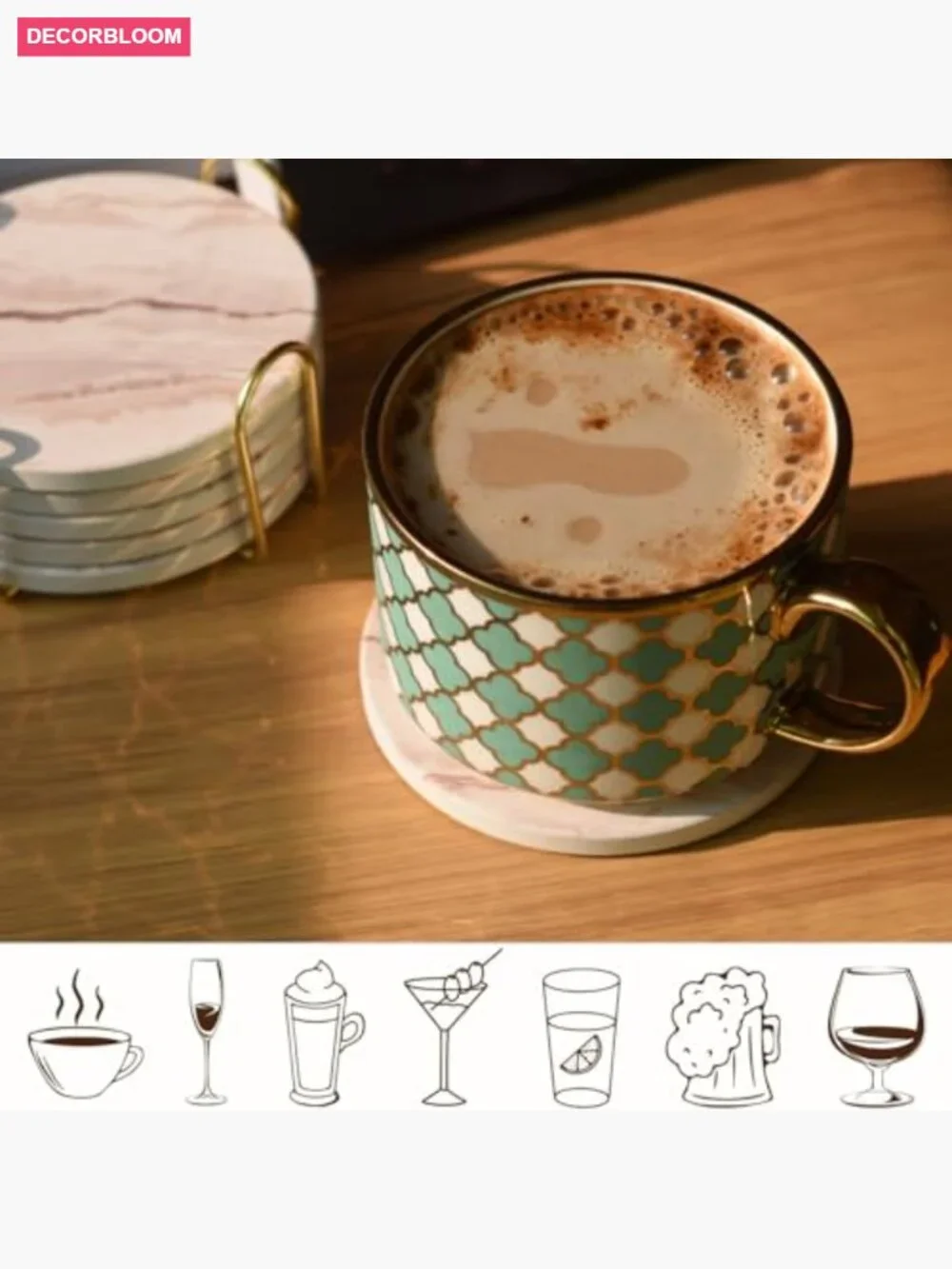 6 Round Ceramic Coasters with Holder - Absorbent Set for Home Bar 4 Inches